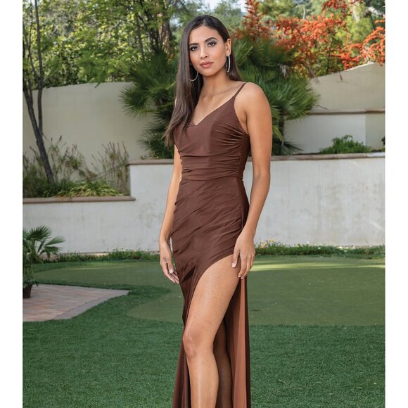 New Long Sheath Sleeveless Ruched Bridesmaid Dress w/ Leg Slit & V-Neck DQ 4288 - Picture 3 of 9
